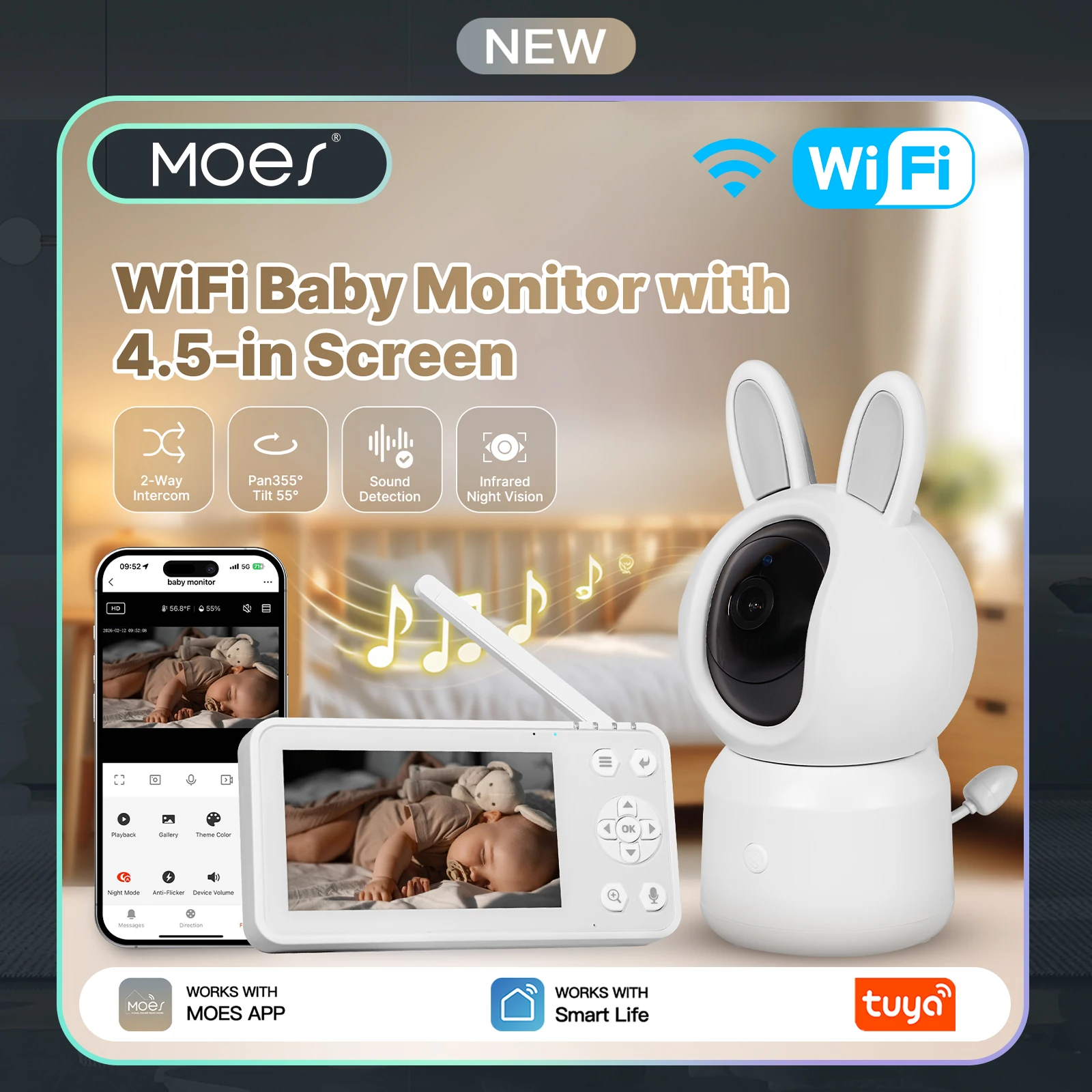 MOES WiFi Smart Baby Monitor 4.5" LCD - Image 2