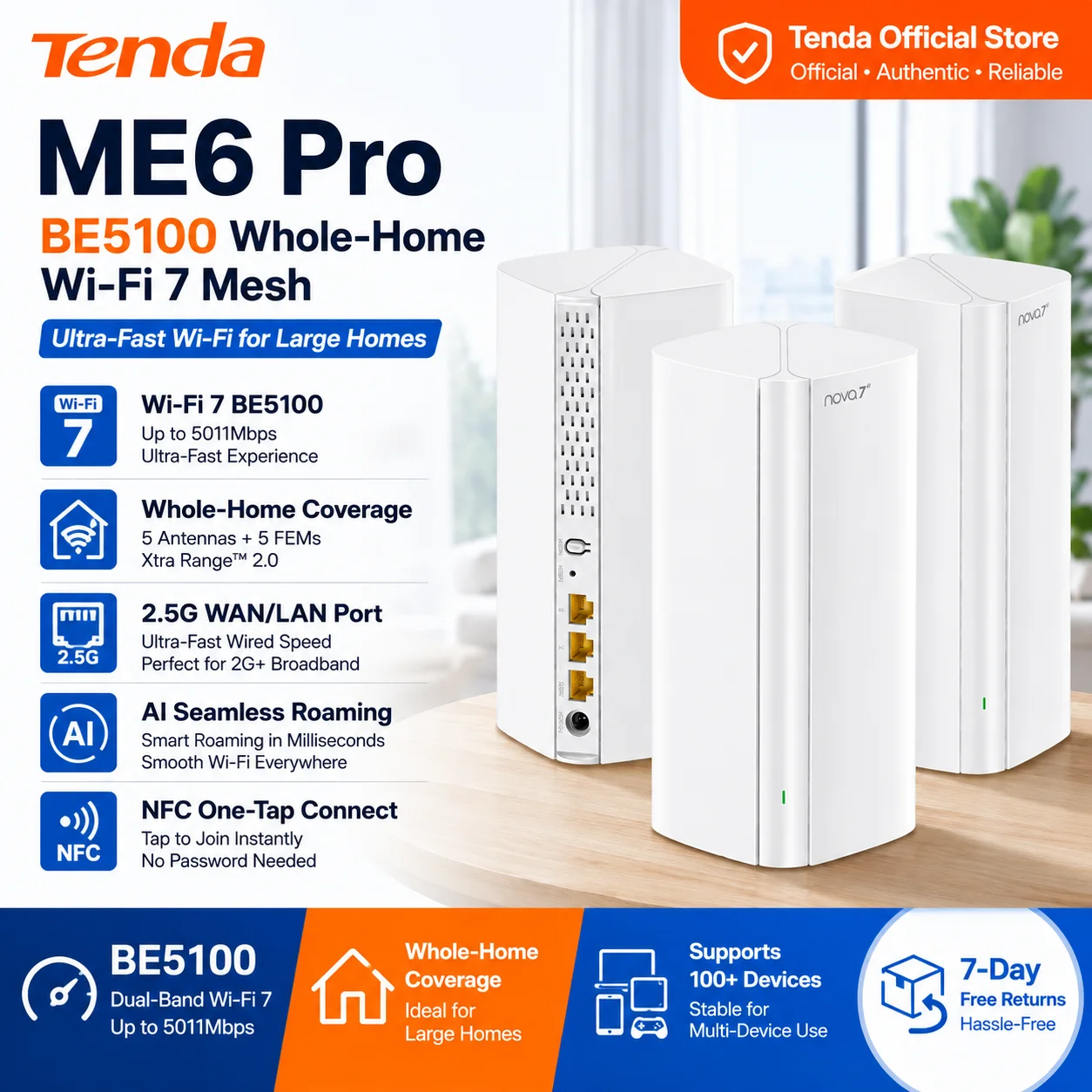 Tenda BE5100 WiFi 7 Dual-Band Mesh Router - Image 1